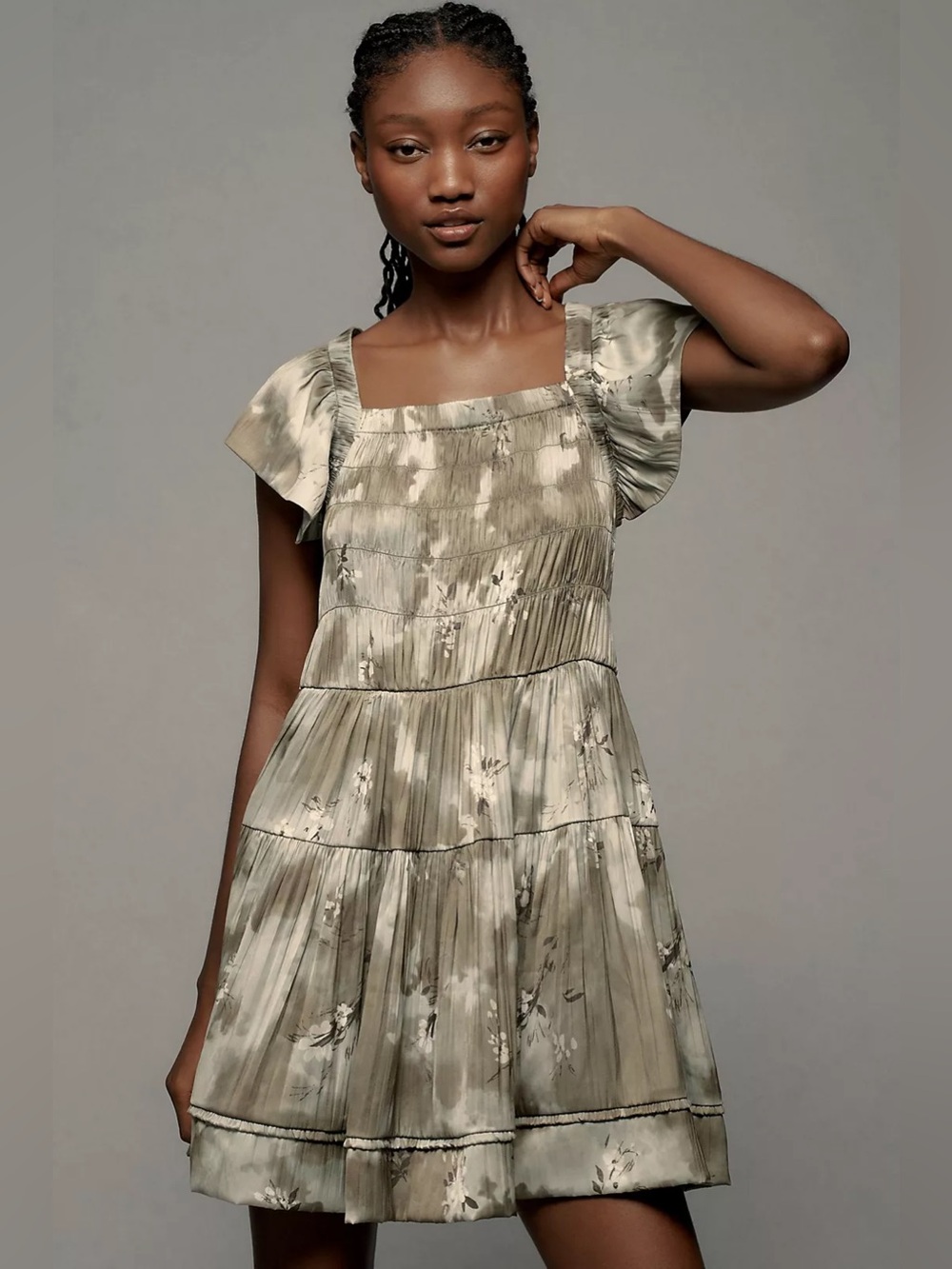 Anthropologie Flutter-Sleeve Square-Neck Mini Dress Pleated Printed Dress